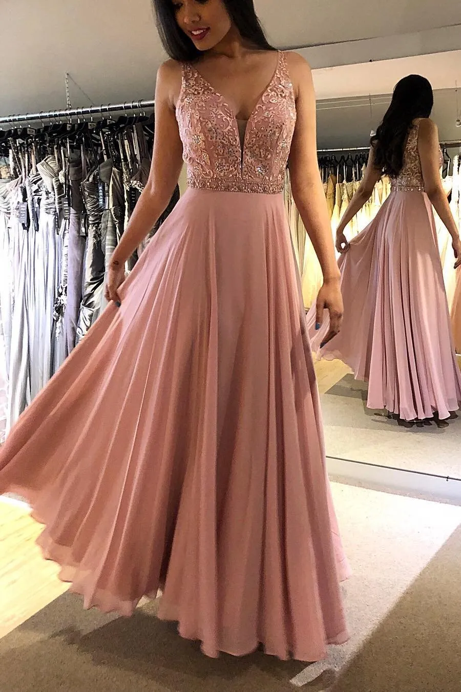 A Line V Neck Prom Dress, Blush Chiffon Long Evening Dress with Beading MP721