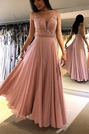 A Line V Neck Prom Dress, Blush Chiffon Long Evening Dress with Beading MP721