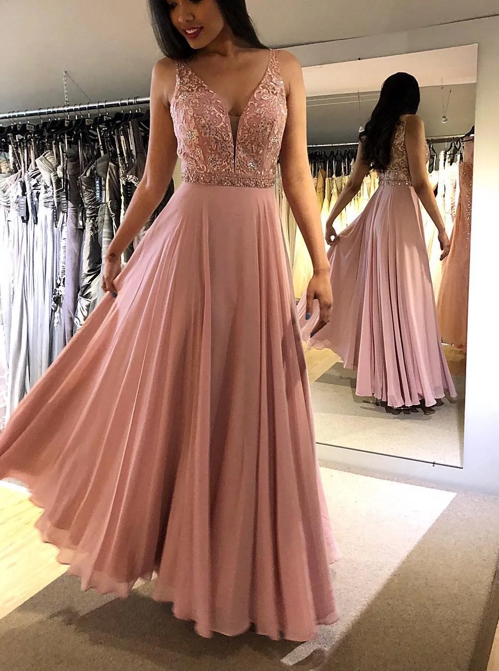 A Line V Neck Prom Dress, Blush Chiffon Long Evening Dress with Beading MP721