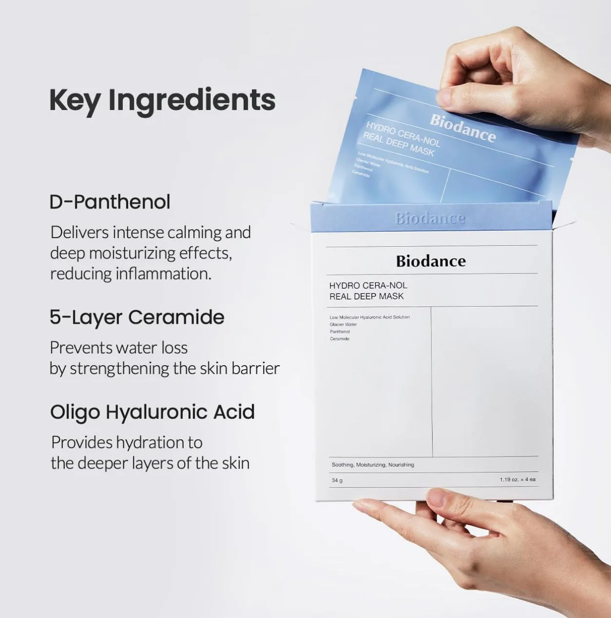 [BIODANCE] Hydro Cera-nol Real Deep Mask, Overnight Hydrogel Mask, Soothing, Moisturizing, Nourishing, 1.19oz(34g) x 4ea
