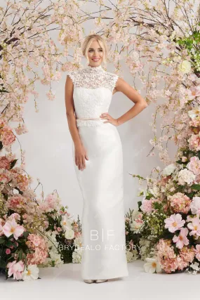 Modest Lace Satin Illusion High Neck Floor Length Sheath Wedding Dress