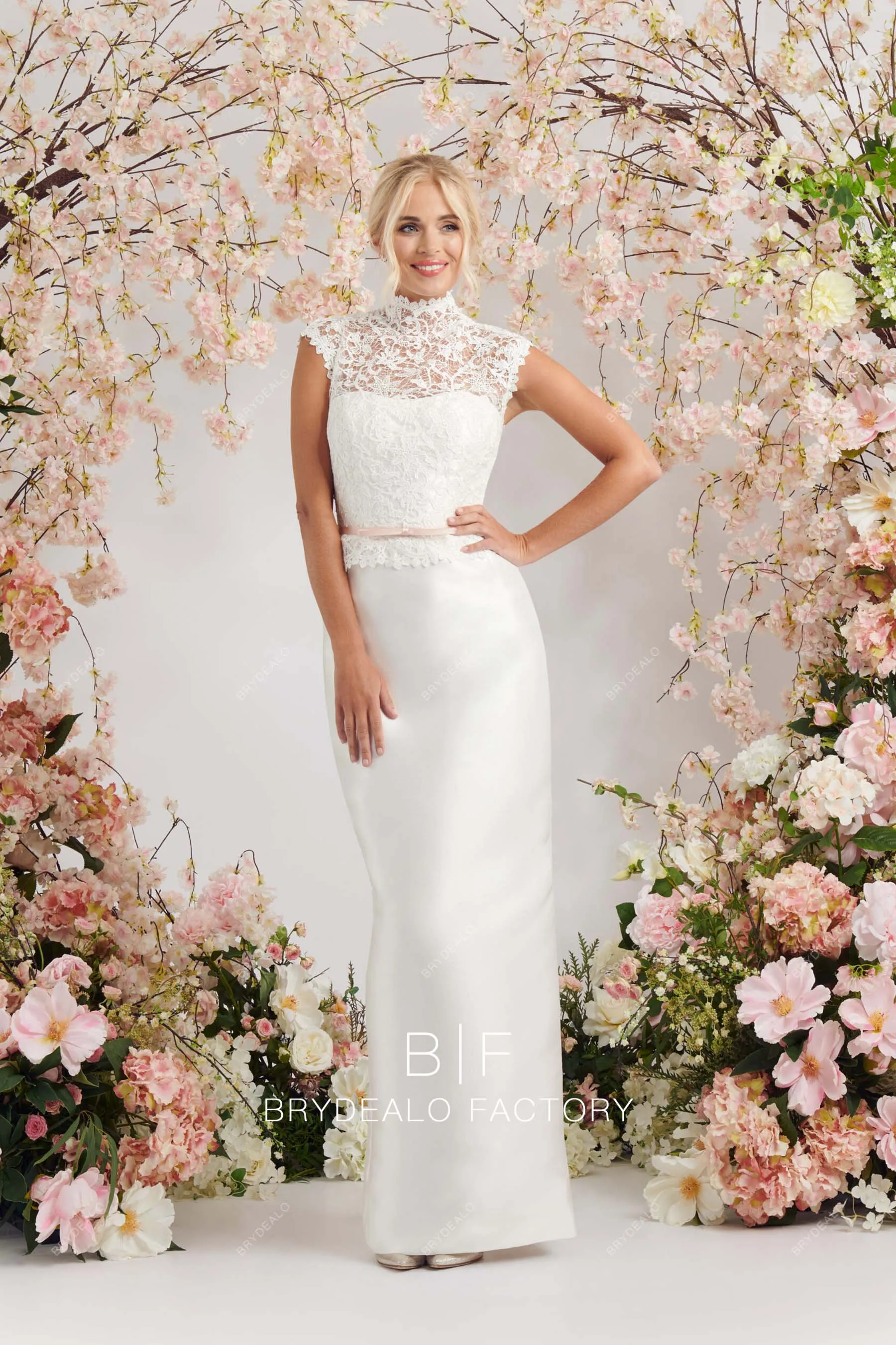 Modest Lace Satin Illusion High Neck Floor Length Sheath Wedding Dress