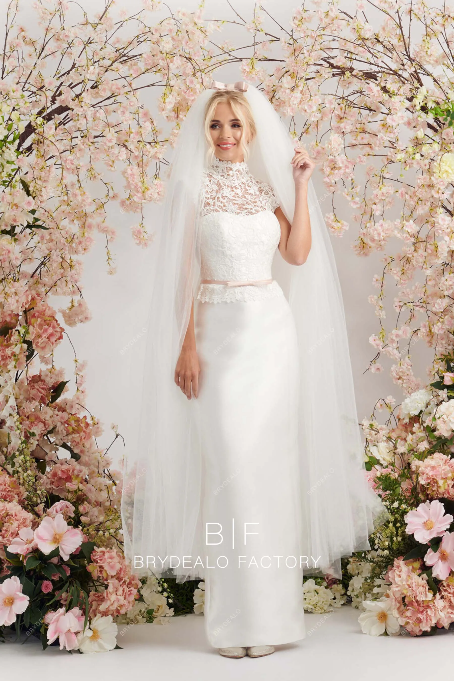 Modest Lace Satin Illusion High Neck Floor Length Sheath Wedding Dress