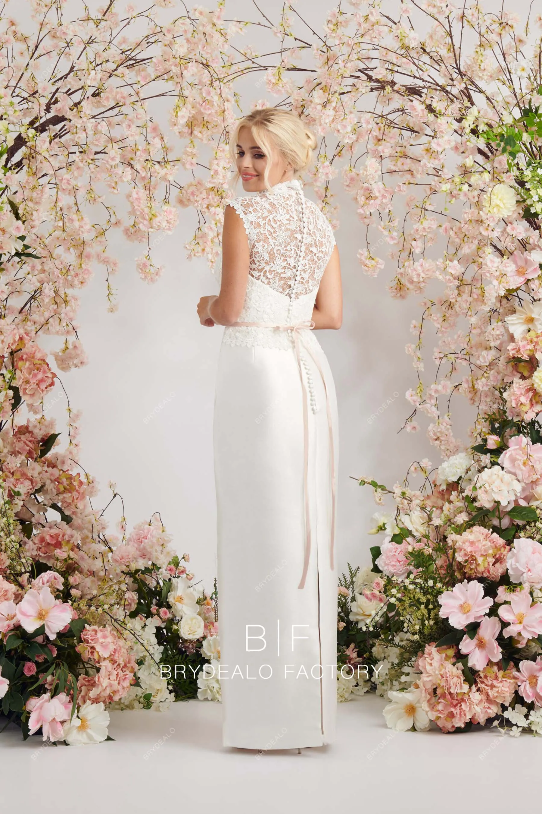 Modest Lace Satin Illusion High Neck Floor Length Sheath Wedding Dress