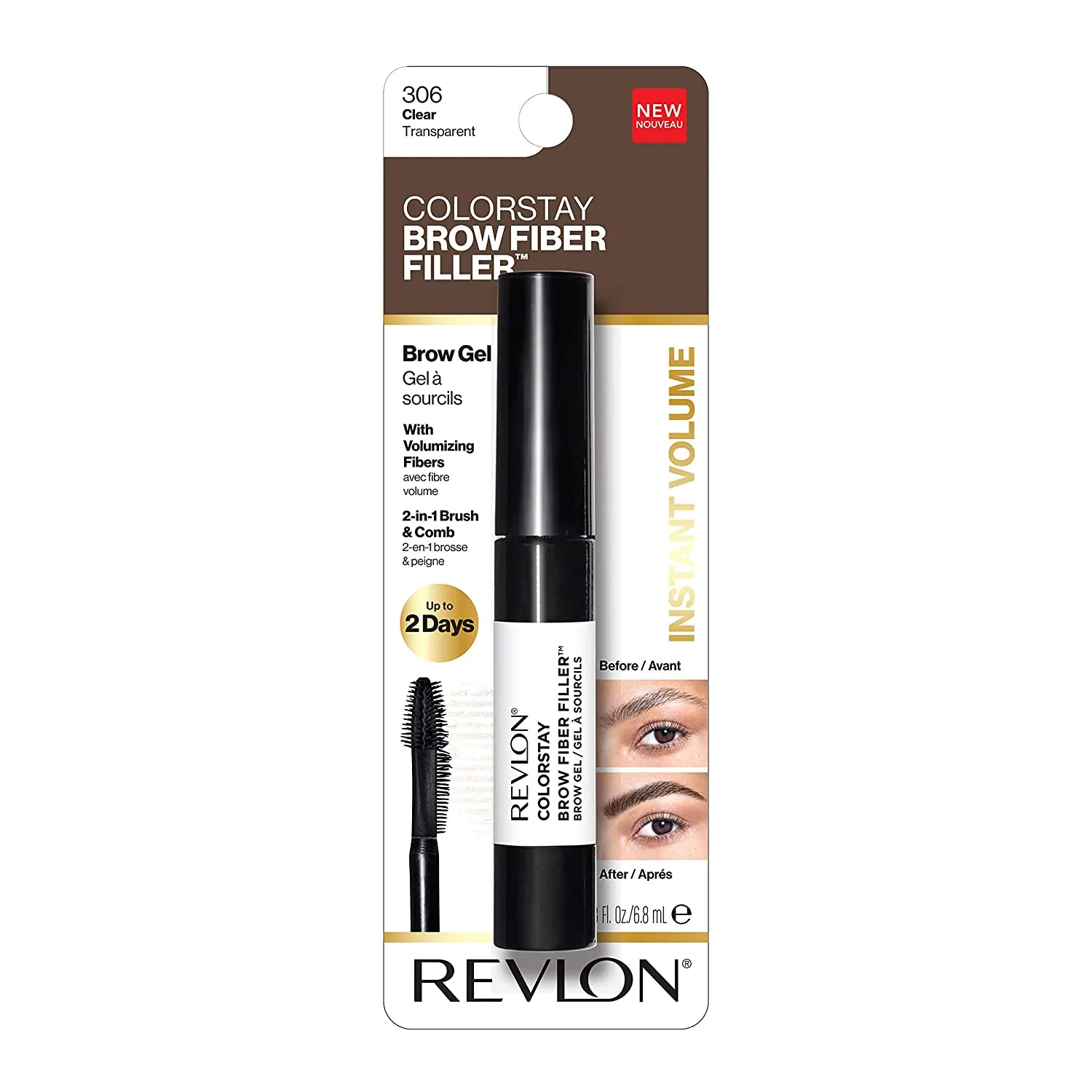 REVLON ColorStay Brow Fiber Filler, Longwearing & Volumizing Waterproof Eyebrow Gel, 306 Clear, 0.23 fl. oz.