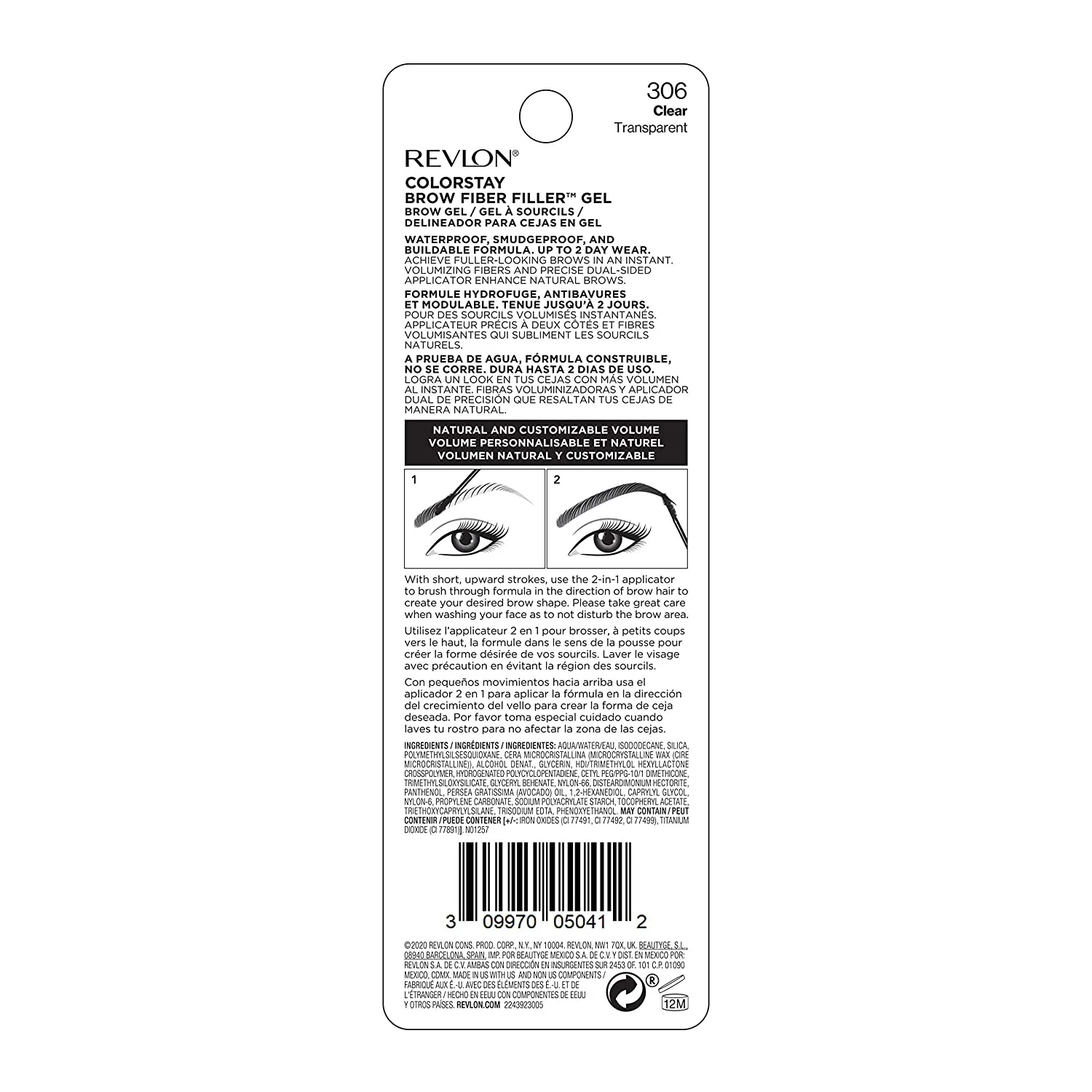 REVLON ColorStay Brow Fiber Filler, Longwearing & Volumizing Waterproof Eyebrow Gel, 306 Clear, 0.23 fl. oz.